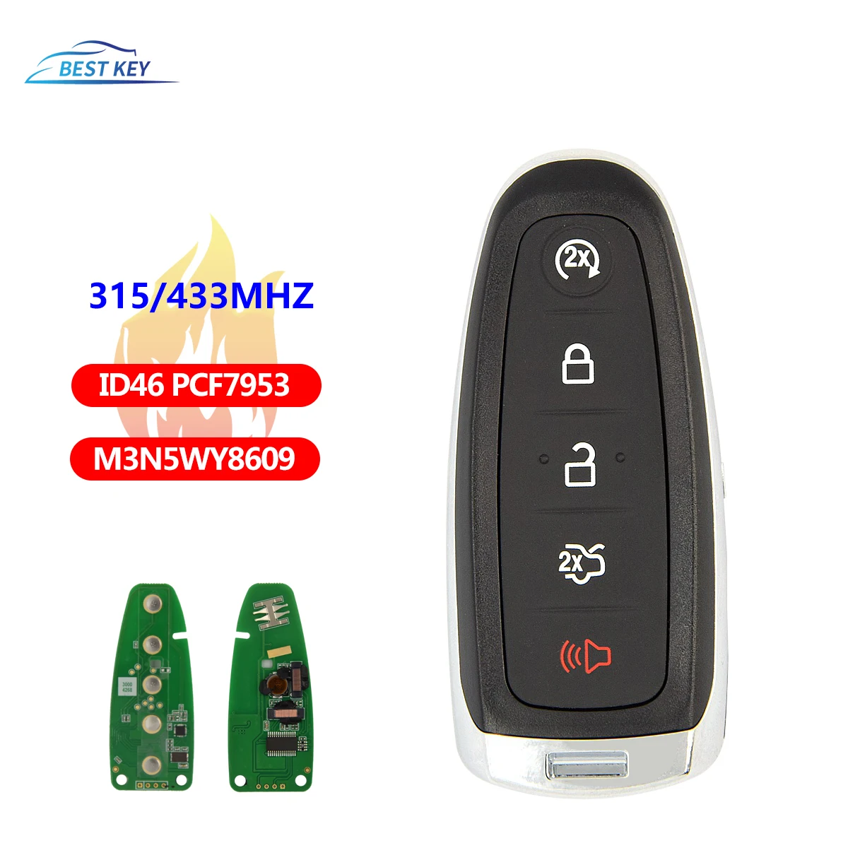 

BEST KEY 433MHz PCF7953 BT4T-15K601-CX ID46 Smart 5 Button Remote Car Key Fob for Ford Edge Escape Explorer Taurus Flex Focus