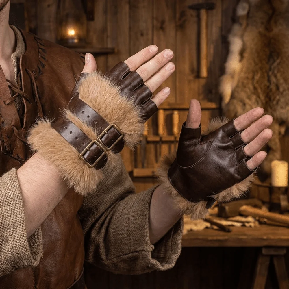Vintage Faux Fur Fingerless Gloves Adjustable Buckle Warm PU Leather Mittens Furry Realistic Gauntlet Viking