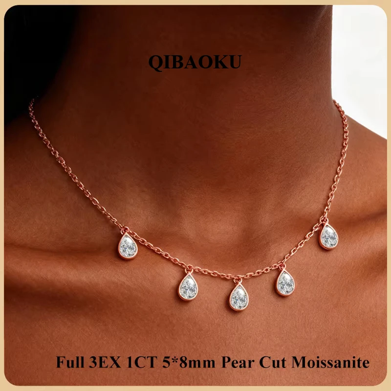 QIBAOKU 5-Stone Pear Moissanite Pendant Necklace Women S925 Silver 5cttw Diamond Waterdrop Stacking Bridal Neck Chain Gift 2026