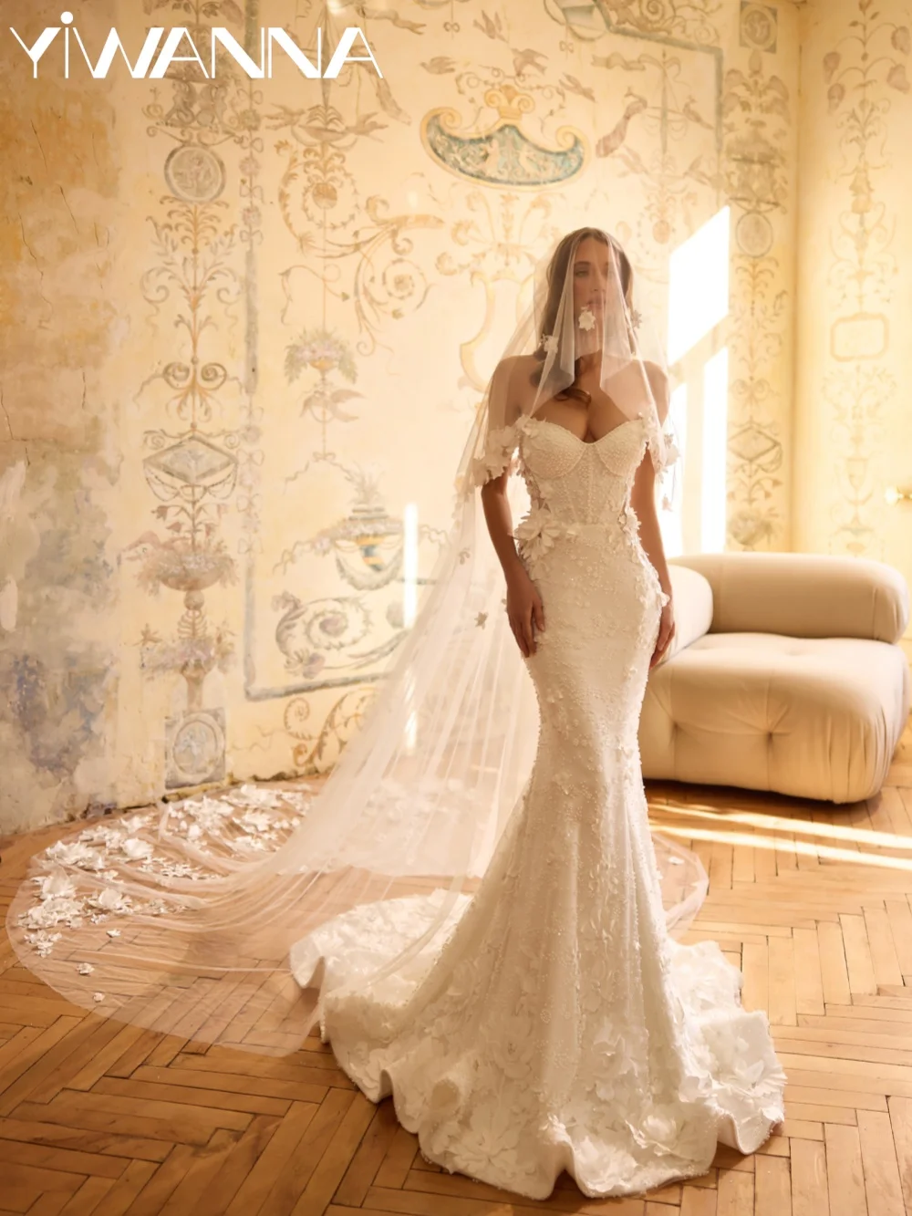 Dazzling Pearls Mermaid Long Wedding Dress Delicate Handmade 3D Floral Bridal Gown Customized Off Shoulder Dresses For Bride