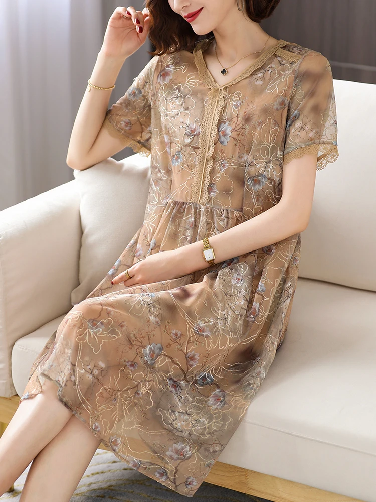 

Ele Mid-Length ort-Sve Chiffon Dr for Mom Summer Faionable Women's Clothing V-Ne Polyester Blend Loose Fit