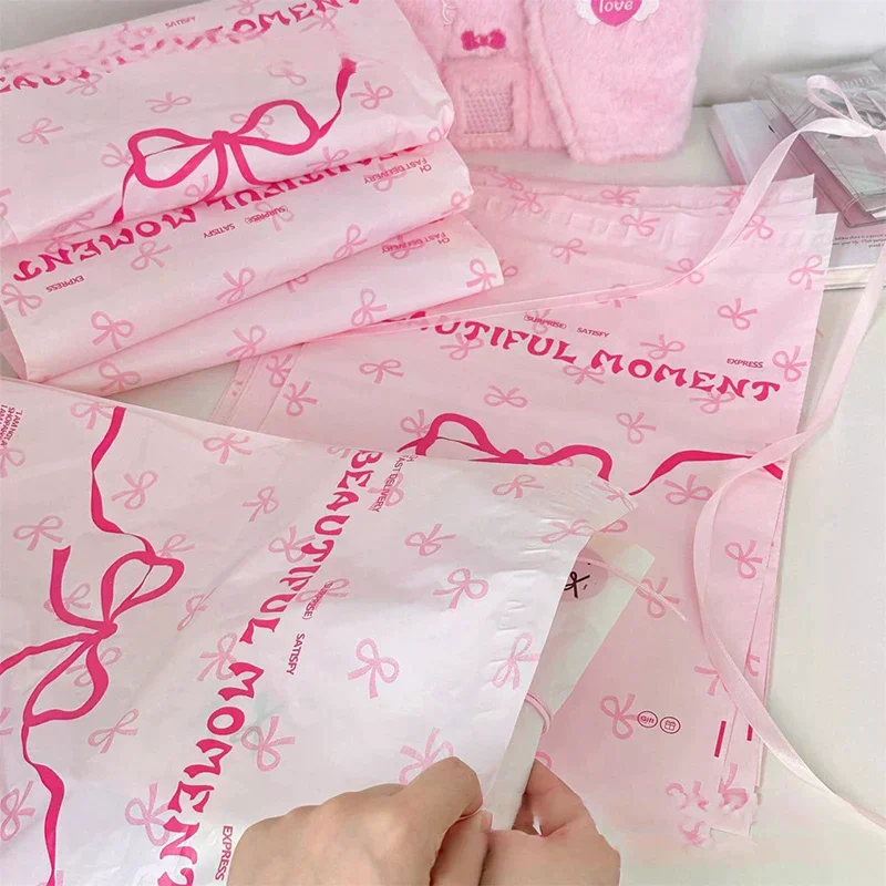 10Pcs Pink Plastic Courier Bags Bow Knot Printed Express Envelope Clothing Packing Shipping Envelopes Self Adhesive Mailing Bag