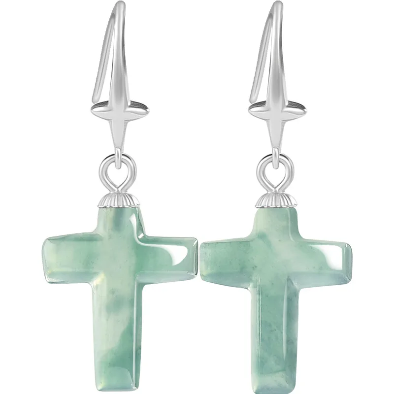 

S Myanmar Jadeite Cross Earrings Natural Burmese Jade 925 Silver Energy Vintage Gifts for Women Carved Gemstone Luxury Amulet