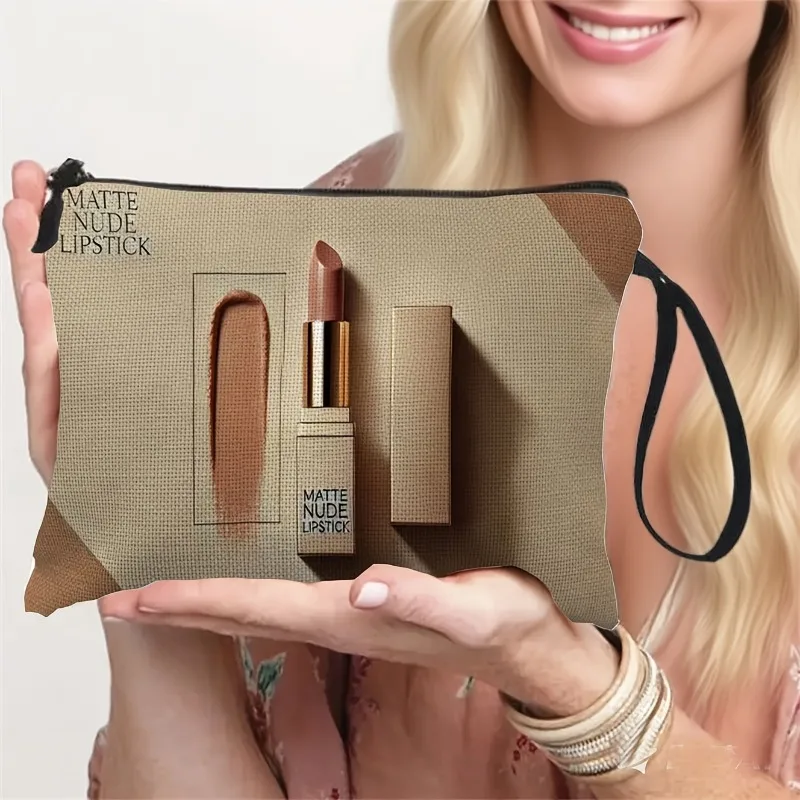 Matte Nude Lipstick Case Suitable for Lip Care Tools & Lipstick Holders, Lightweight Makeup Bag with Wrist Strap, Zipper Closure