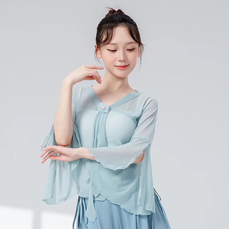 Traje de práctica de danza clásica para mujer, nuevo estilo, con mangas de agua y diseño floral, ropa de seda para danza, uniforme de entrenamiento físico femenino.