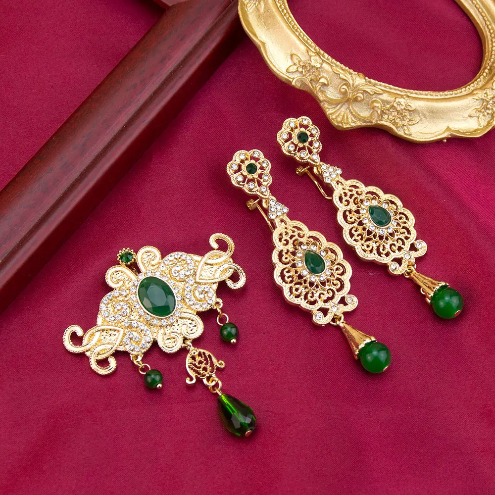 Sunspicems Unique Moroccan Jewelry Brooch Earring Set For Women Gold Color Arabic National Style Caftan Brooch Drop Earring
