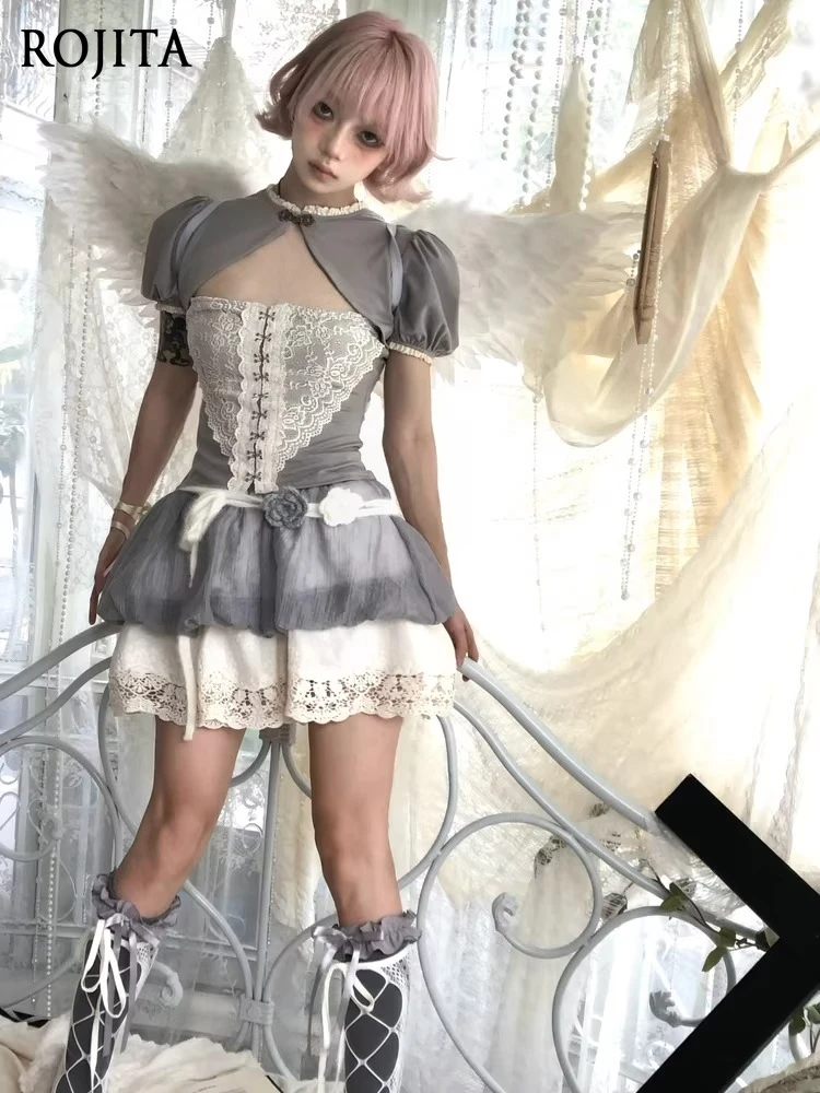 

Sweet Lolita Gray White Lace 2-Piece Set Skinny Girl Crop Top and Ruffle Mini Skirt Short T-Shirt Flower Lantern Cake Skirt