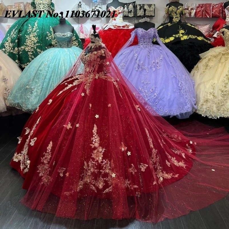 EVLAST Burgundy Quinceanera Gaun gaun bola gaun emas renda kupu-kupu Applique manik-manik dengan Cape manis 16 Vestidos De XV 15 Anos SQ39