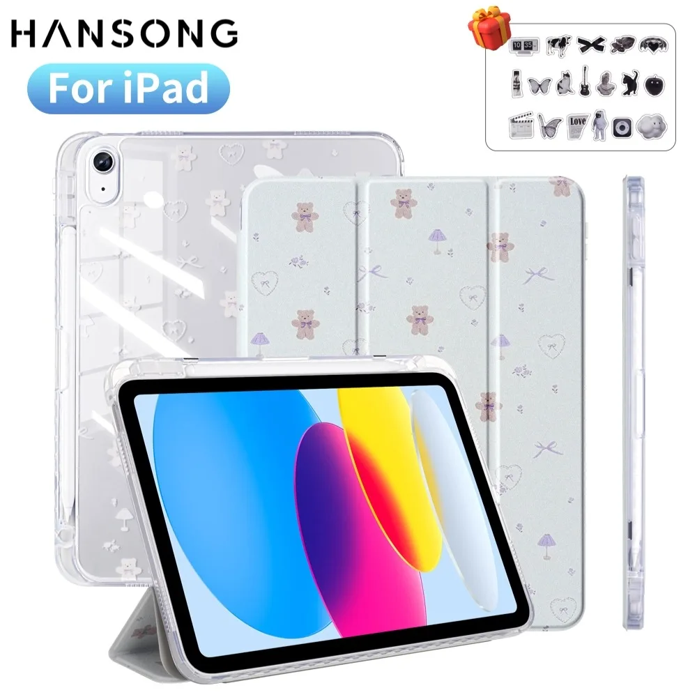 For ipad a16 case 11th 10th Gen Air11 M2 M3 M4 Air 4 5 Case Tri-Fold Bear Bow Clear Transparent Smart Cover Magnetic Cute Case