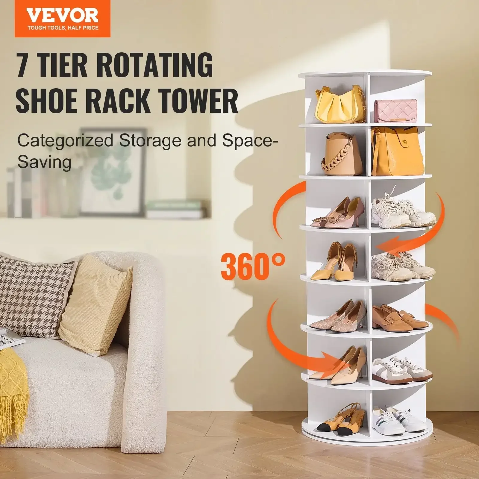 

7-Tier Rotating Shoe Rack Tower 360° Spinning Shoe Display Carousel White