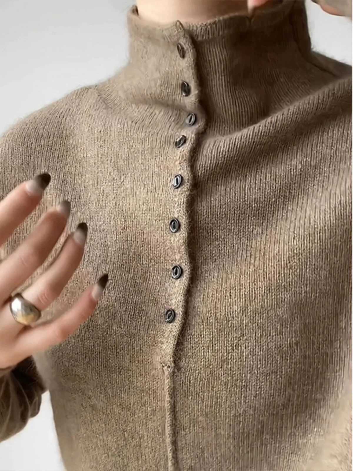 

Retro High Collar f Button Long Sve Knitted Sweater Women's Casual Versatile Soft Cozy Base Layer irt for Autumn Winter