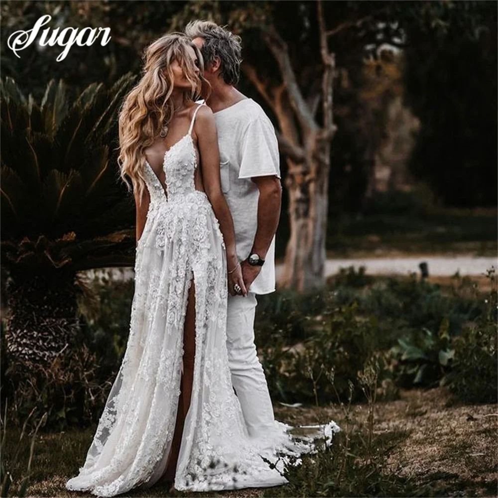 Vestido de novia de corte en A con cuello en V, traje de Novia de encaje, talla Simple, hecho a medida