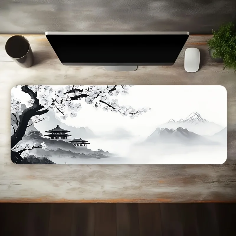 Traditional Ink Plum Blossom Gaming Mouse Pad, Large Non-Slip Desk Mat with Chinese Pavilion Print for Gamers & Cozy Home Office
