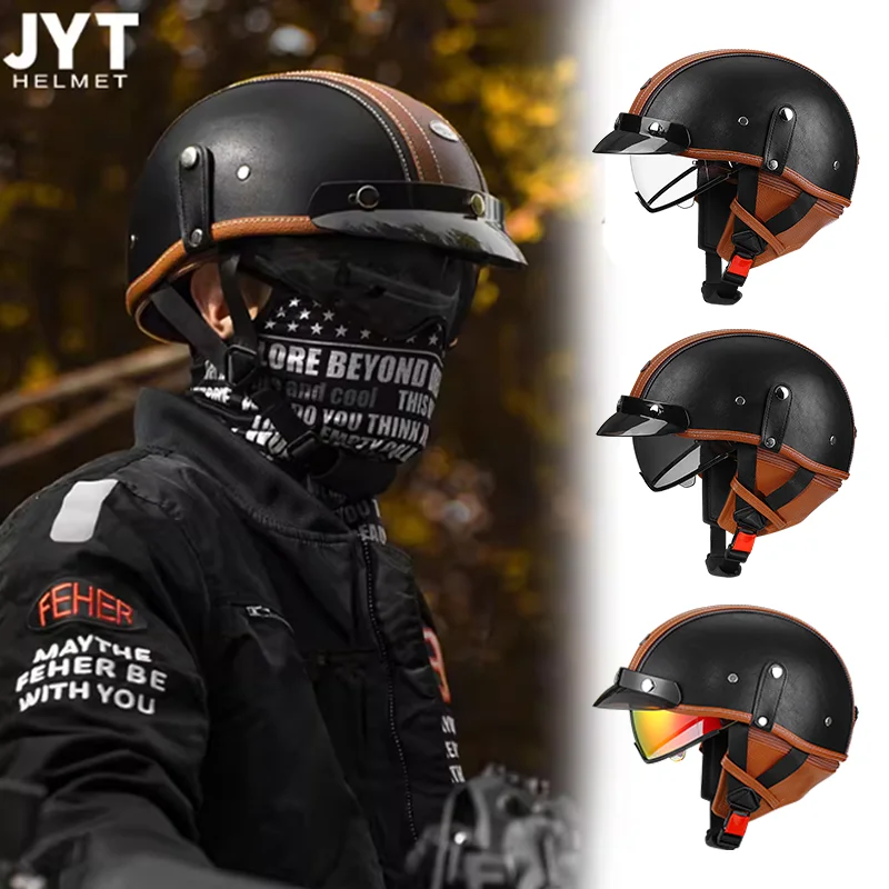 

Сертифицированный DOT винтажный кожаный шлем, мотоциклетный шлем с открытым лицом, подходит для безопасности электрического велосипеда и всесезонной езды