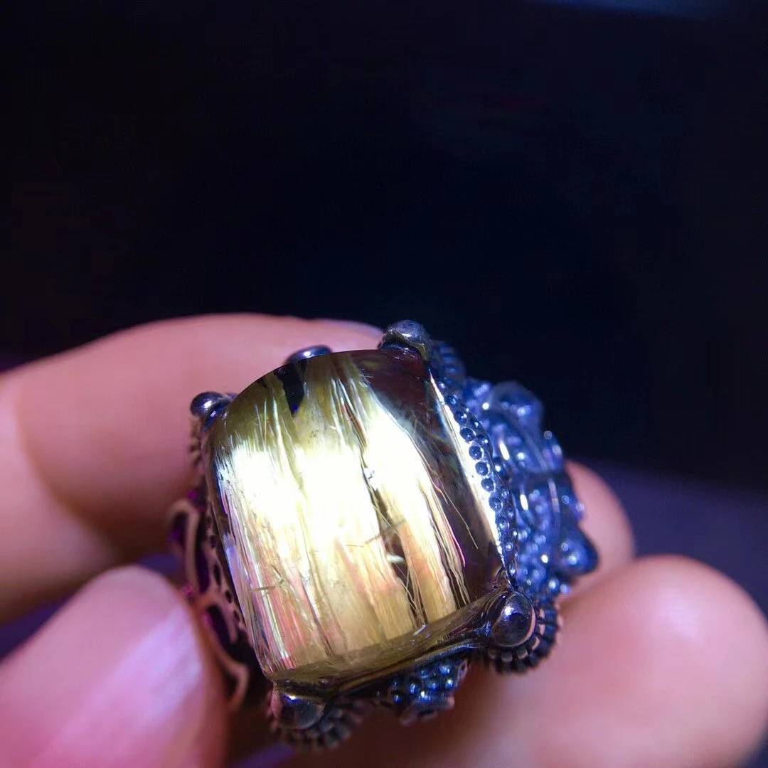 Natural Gold Rutilated Quartz Adjustable Ring 14.7/12.2mm 925 Silver Rectangle Women Yellow Rutilated Beads AAAAAA