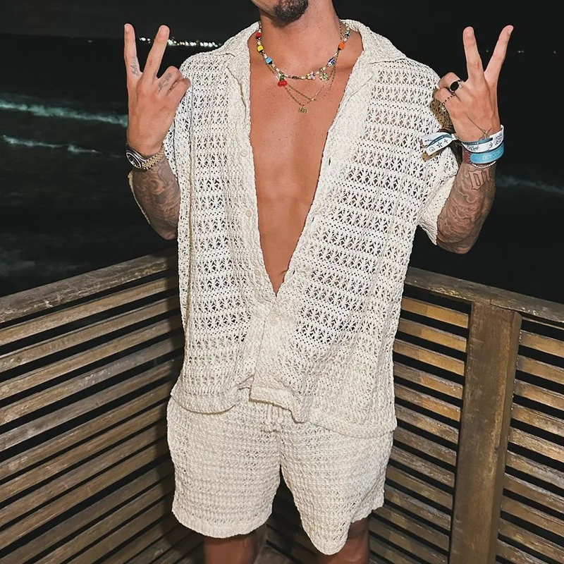 

New Fashion Men's Casual Short Sleeve Lapel Button Shirt Shorts Sports Suit