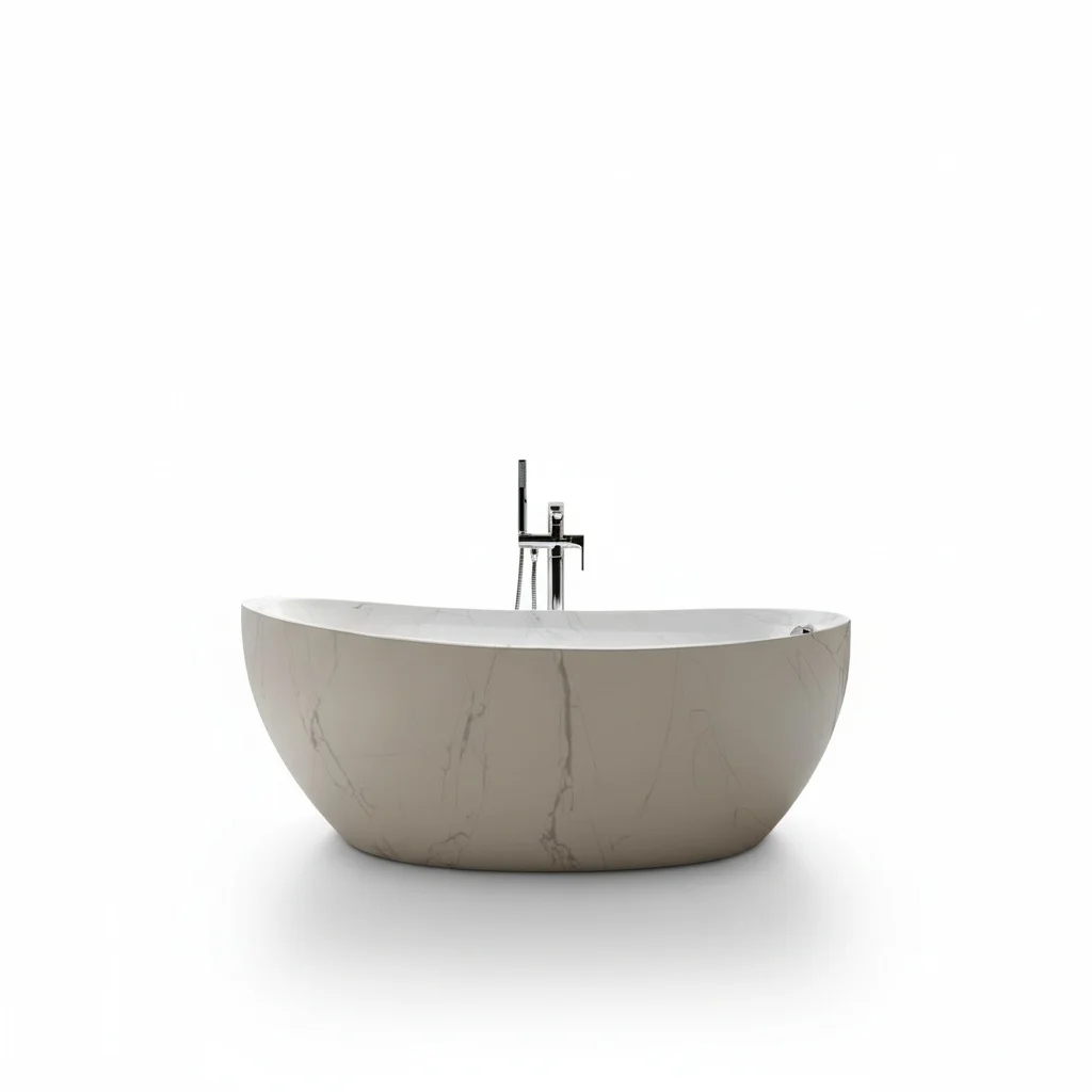 Acrylic Soaking Bathtub, Freestanding Oval Bath with Marble Vein Design, Whirlpool Compatible Indoor Tub, 1400-1800mm/55-70inch