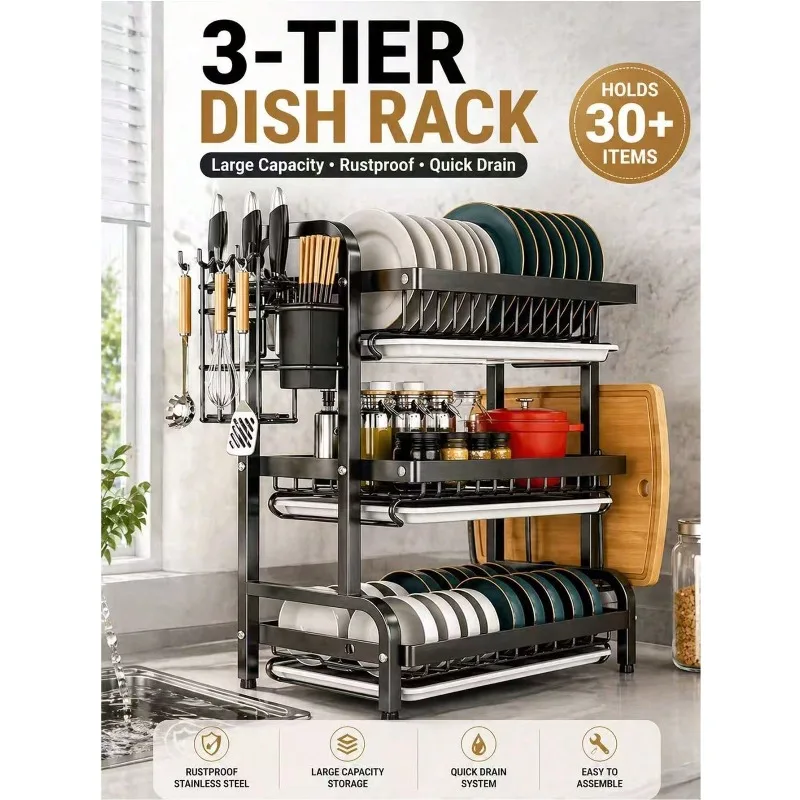 Dish Drying Rack,3-Tier Large Capacity Carbon Steel Kitchen Organizer,Countertop Organizer,With Utensil Holder,Space Saving Dish Rack Drainer For Plates,Bowls,Cups & Tableware,Apartment Essentials,Kitchen Essentials,Countertop Storage,Black