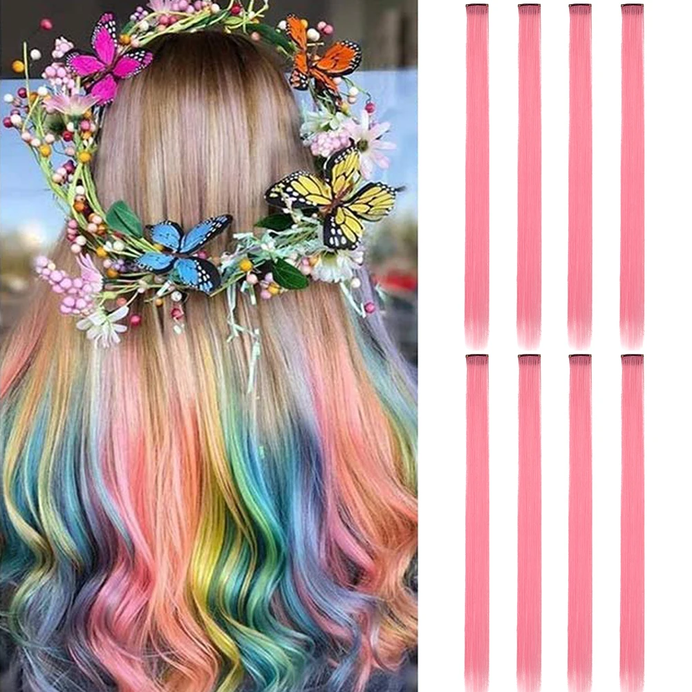 Arco-íris Extensões Coloridas Do Cabelo, 22 "Hairpieces, Multi-cores, destaques do partido, grampo dentro, extensões sintéticas do cabelo, 8 Pcs, bloco