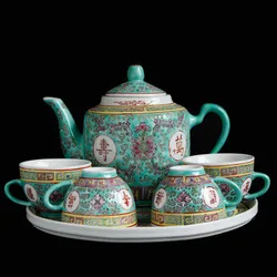 Hand-paint Porcelain Tea Set Old Ceramic Pastel 6Pc Tea Pot and Cup Set Coffee Table Longevity Wujiang Overglaze Kung Fu Tea Set