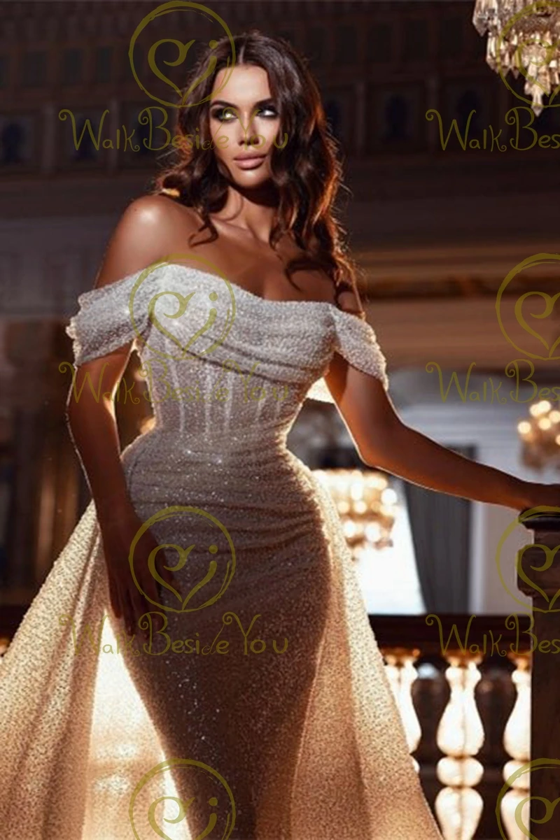 Ivory Bling Sparkly Prom Dress 2024 Off Shoulder Pleats Illusion Mermaid Sexy Evening Gowns gala Formal Party Women