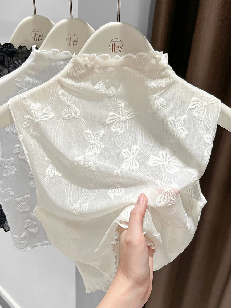 

Lace Trimmed High Collar Sleeveless Vest for Women Elegant Mesh Base Shirt Korean Style Commute Fashion Slim Fit Short Length