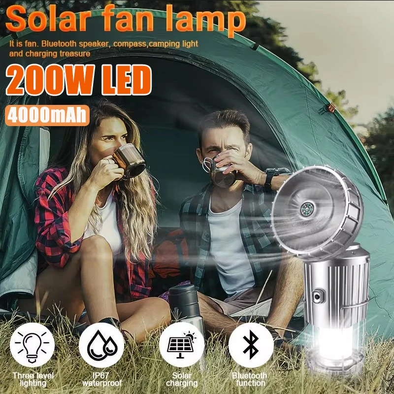 

Multifunction Led Camping Light Rechargeable Camping Lamp Solar Power Portable Fan Lantern Power Bank Outdoor Emergency Light