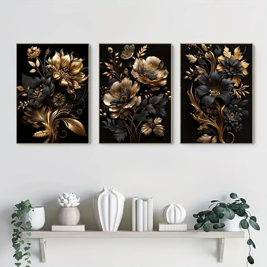

3pcs/set Nordic Art Frameless Canvas Painting Black and Golden Flower Poster Wall Picture for Living Room Bedroom Home Decor