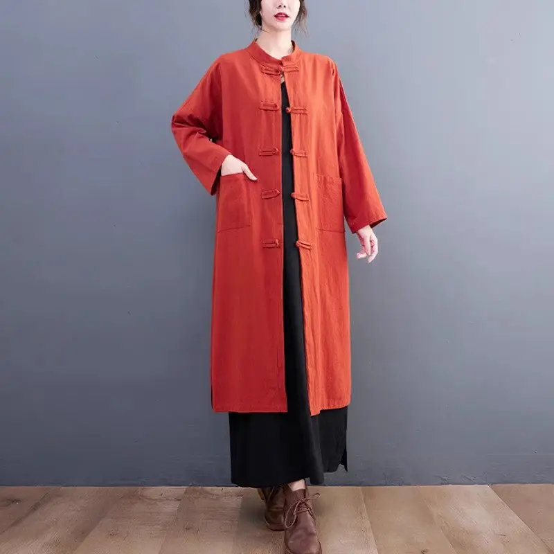 Chinese Autumn New Vintage Windbreaker Plate Buckle Linen Jacket Women Long Loose Ethnic Style Coat Solid Color Tunic Z2524