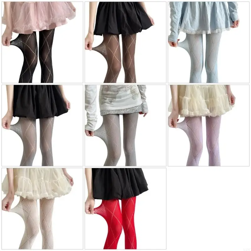 

L5YC Mesh Tights with Hollowout Argyle Pattern for Women Elegant Opaque Pantyhose