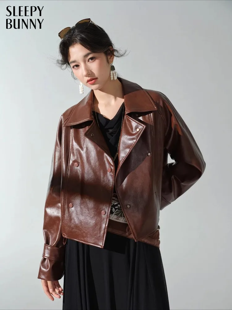 

Vintage PU Leather Jacket Women Double Breasted Lapel Moto Coat Loose Hong Kong Style Outerwear Chic Biker Fashion Fall Outfit