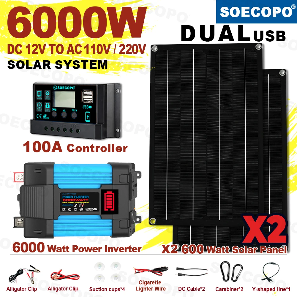 SOECOPO 6000 W Komplettes autonomes Solarkit 6000 W Camping 2 * Solarmodule 100 A Controller USB 5 V/1,5 A Home RV System Panel Power
