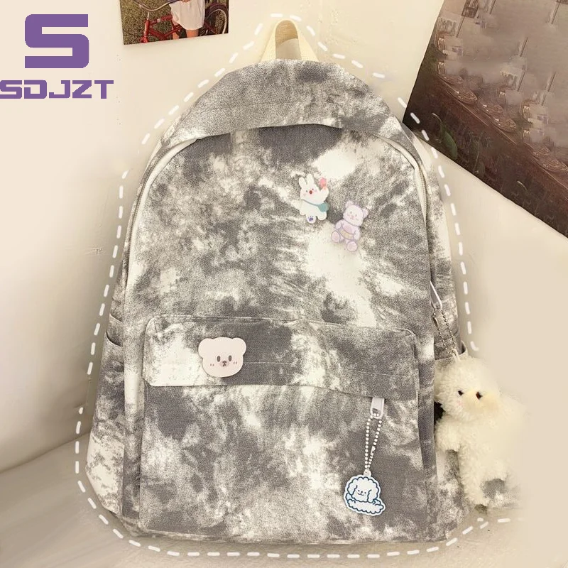 Canvas Retro Tie Dye Dames School Dubbele Rugzak Dames Effen Kleur Meisje Junior High School Rugzak