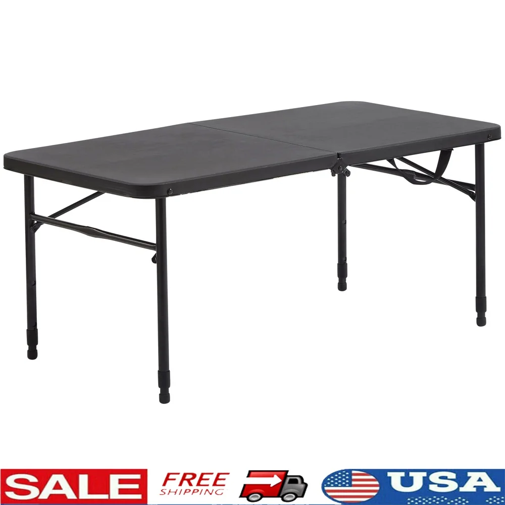 

40 Inch Folding Table Adjustable Height Portable Indoor Outdoor Use Easy Storage Carry Handle Black Resin Surface