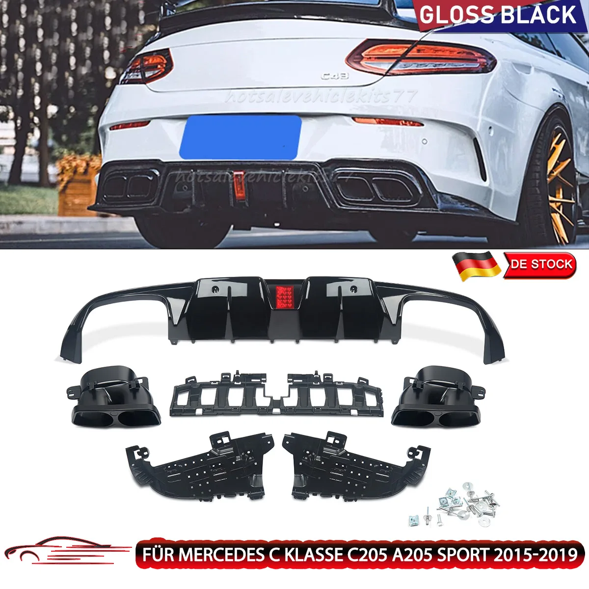 Für Mercedes-Benz C-Klasse C205 Sport Coupé C43 C63 AMG 2015-2018 Heckstoßstange Vierfach-Schalldämpfer Glänzend Schwarzer Diffusor mit LED-Lichtabdeckung