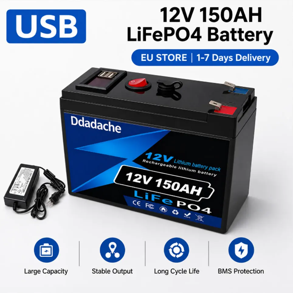 12V 150Ah LiFePO4 Wiederaufladbare Lithium-Batterie mit eingebautem BMS für Kinderspielzeug, Solarpanels, Fischfinder, Power Wheels