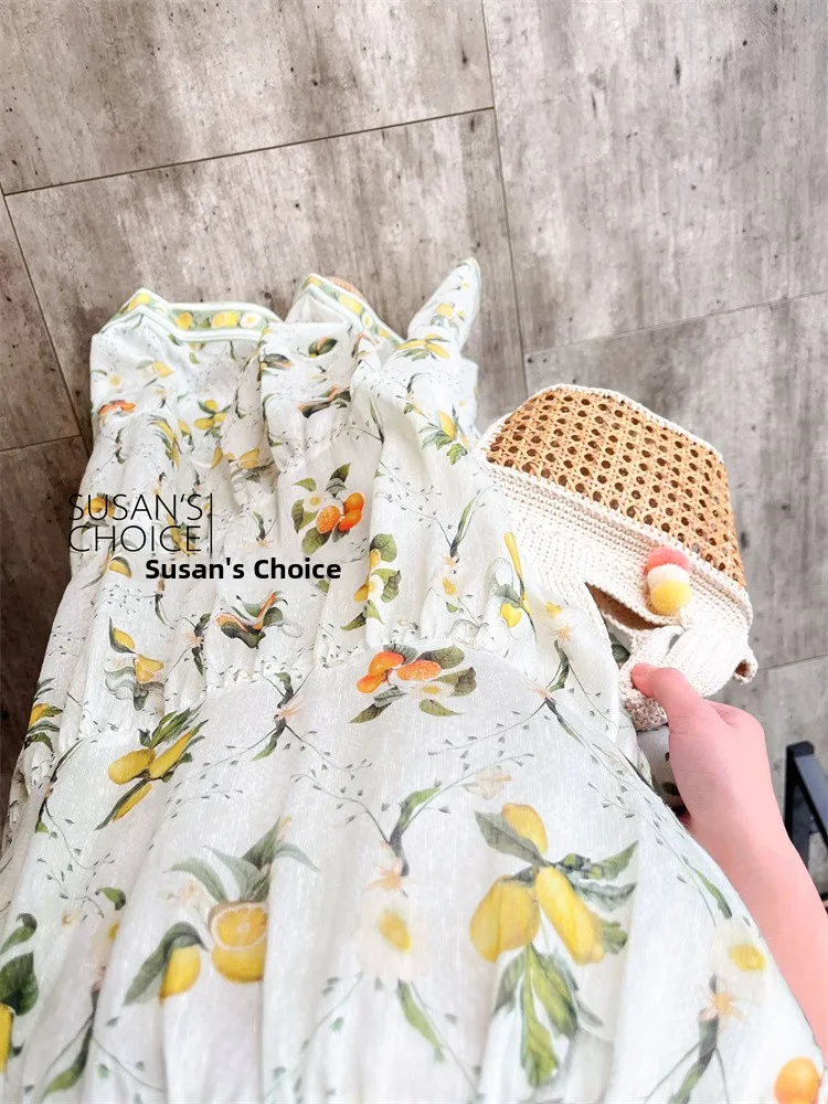 Vestido Largo Estampado Susan Long, Estilo Dulce, Espalda Descubierta, Cuello en V, Estampado de Frutas, Estilo Vacacional, C...