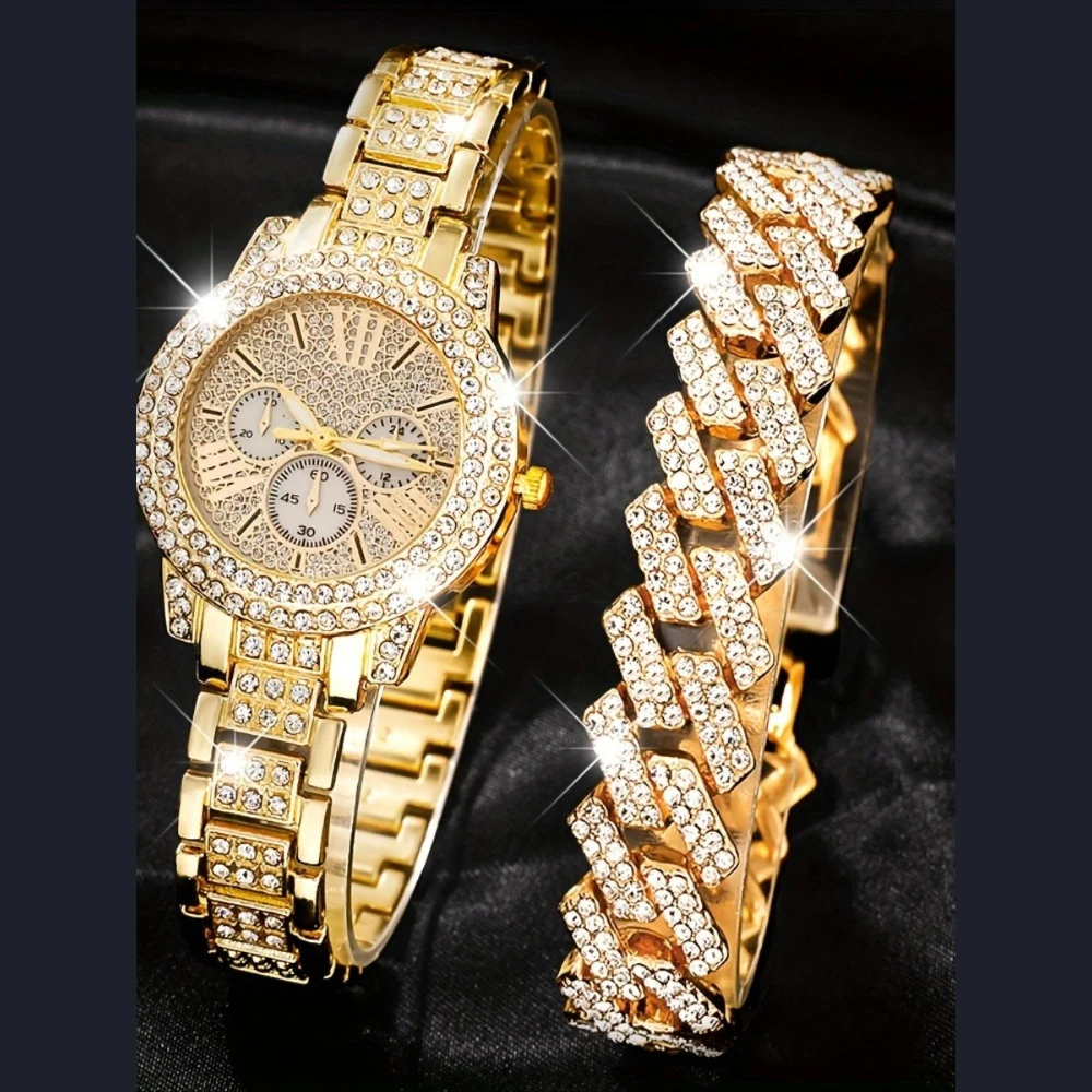 Fashionable round light luxury women's watch, business fashionable luxury diamond inlaid round quartz watch and bracelet set