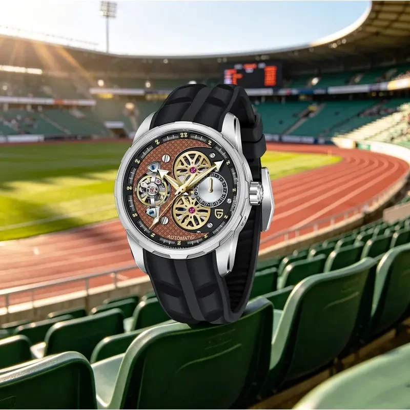 PAGANI DESIGN YS022 Men Outdoor Sports Mechanical Watches Racing Wheel Dial Rubber Strap Luminous Calendar Waterproof Tourbillon