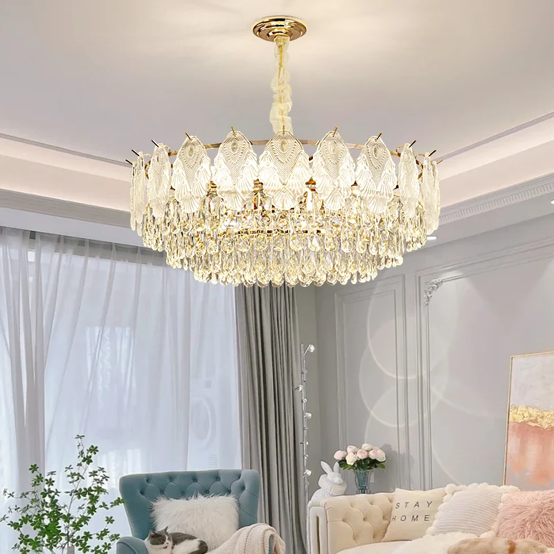 

French Luxury Crystal Chandelier For Living Dining Room Bedroom Modern Round Oval Glass Cover Ceiling Chandelier Hanging Lamp