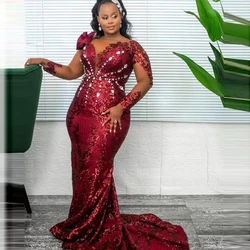 Burgundy Lace Evening DressesFor African Women Crystals Flowers Long Sleeves Black Girls Birthday Dress Plus Size Prom Vestidos