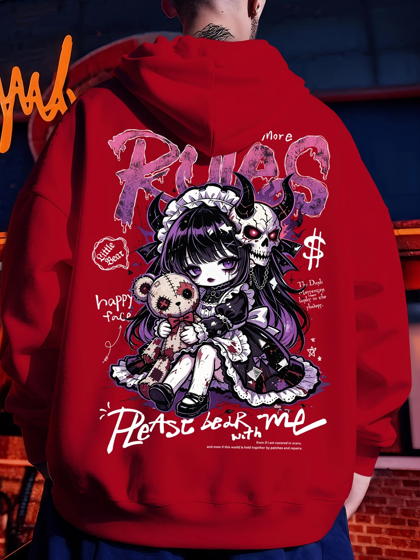 Men's Casual Sporty Street American Dark Graffiti Style Cute Devil Maid Element Pattern Winter and Autumn Warm Hooded Sweatshirt