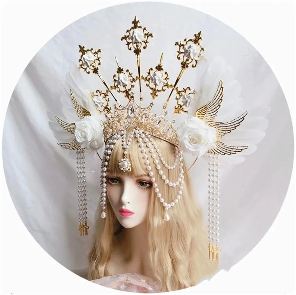 Lolita Vintage Headband Angel Gold Halo Goddess Headpiece Virgin Mary Halo Crown Bead Chain Baroque Tiara Headwear