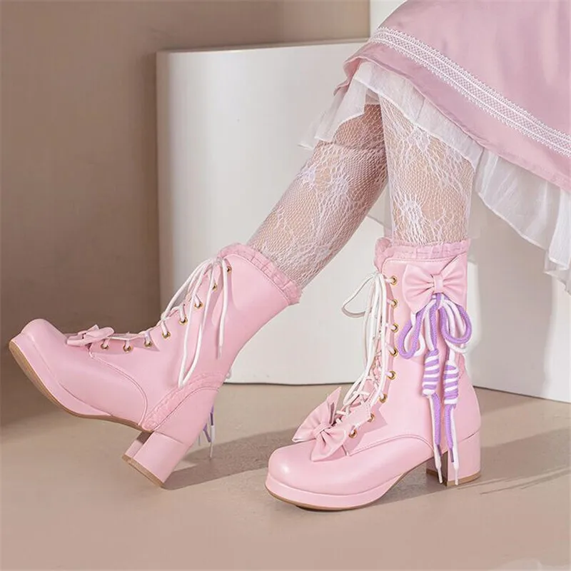 Size28-43 Sweet Bow Girls Boots Lolita Women Platform Ankle Boots High Heels Girls Princess Wedding Party Shoes Black White Pink