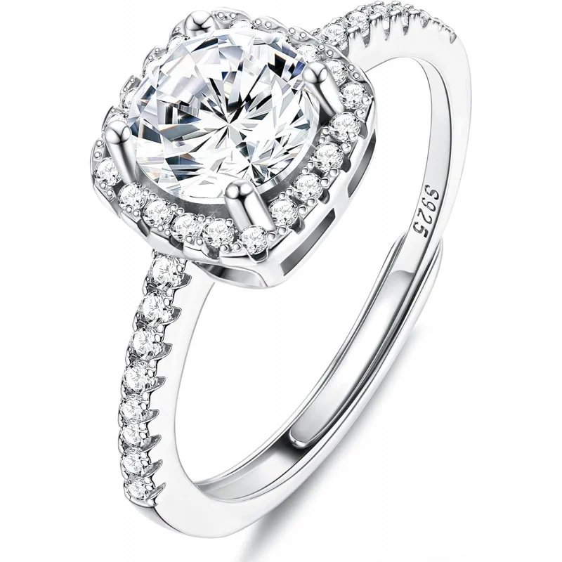 

925 Sterling Silver CZ Engagement Ring, Round & Square Solitaire, Adjustable Wedding Jewelry.