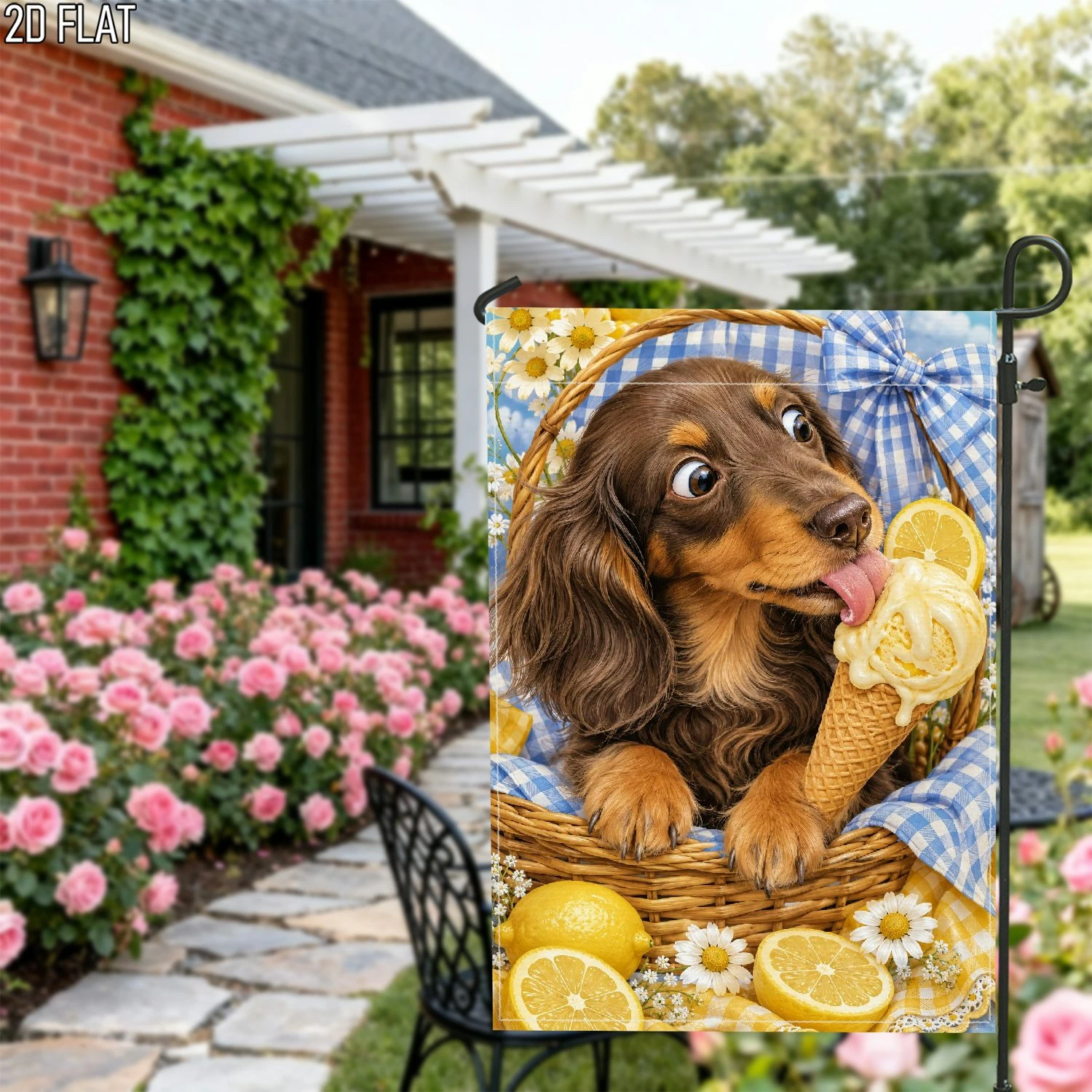 1pcs Summer Cute Dachshund Dog Garden Flag Lemon Ice Cream Basket Outdoor Yard Decor Flag