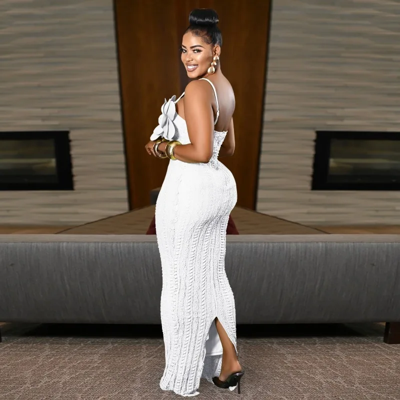 KEXU robe d'anniversaire de luxe femmes texturé fleurie Maxi robe Glam Spaghetti sangle froncé Sexy robes de soirée Clubwear