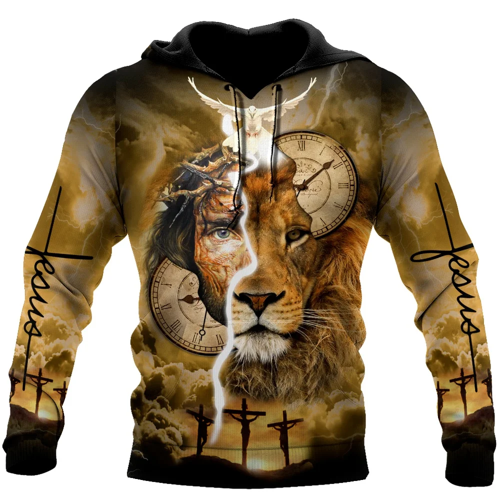 

Fashion Christian Jesus And Lion Men's Hoodies 3D Printed Harajuku Long Sleeve Hooded Casual Pullover Clothing Man Sweatshirts