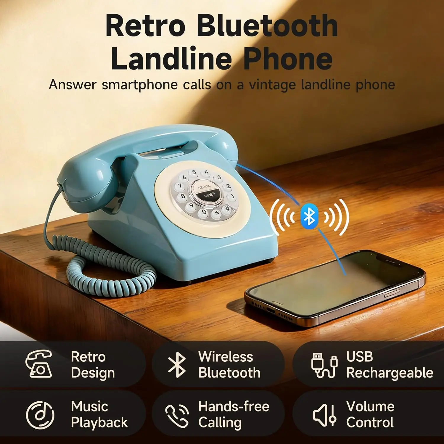 Retro Blue Bluetooth Landline Phone, Mid-Century Style Desk Telephone with Classic Handset, Loud Vintage Ringtones