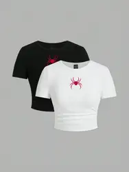 Simple Red Spider Printing Crop Tops Summer Street Fashion Women's Slim-fit T-Shirt Comfortable Soft High Elastic Female Clothes